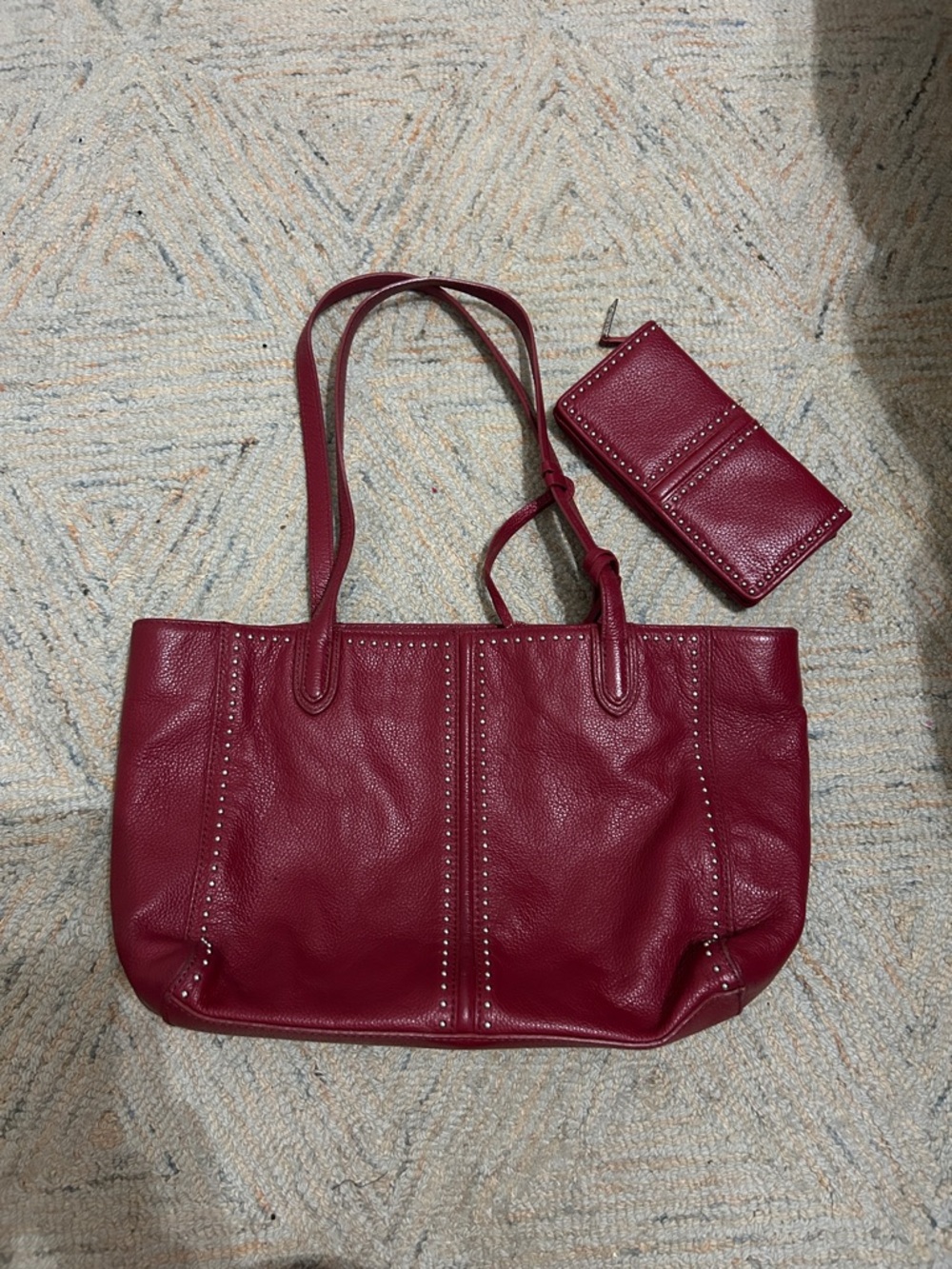 Brighton Red Pebbled Leather Studded Tote with Matching Card Case